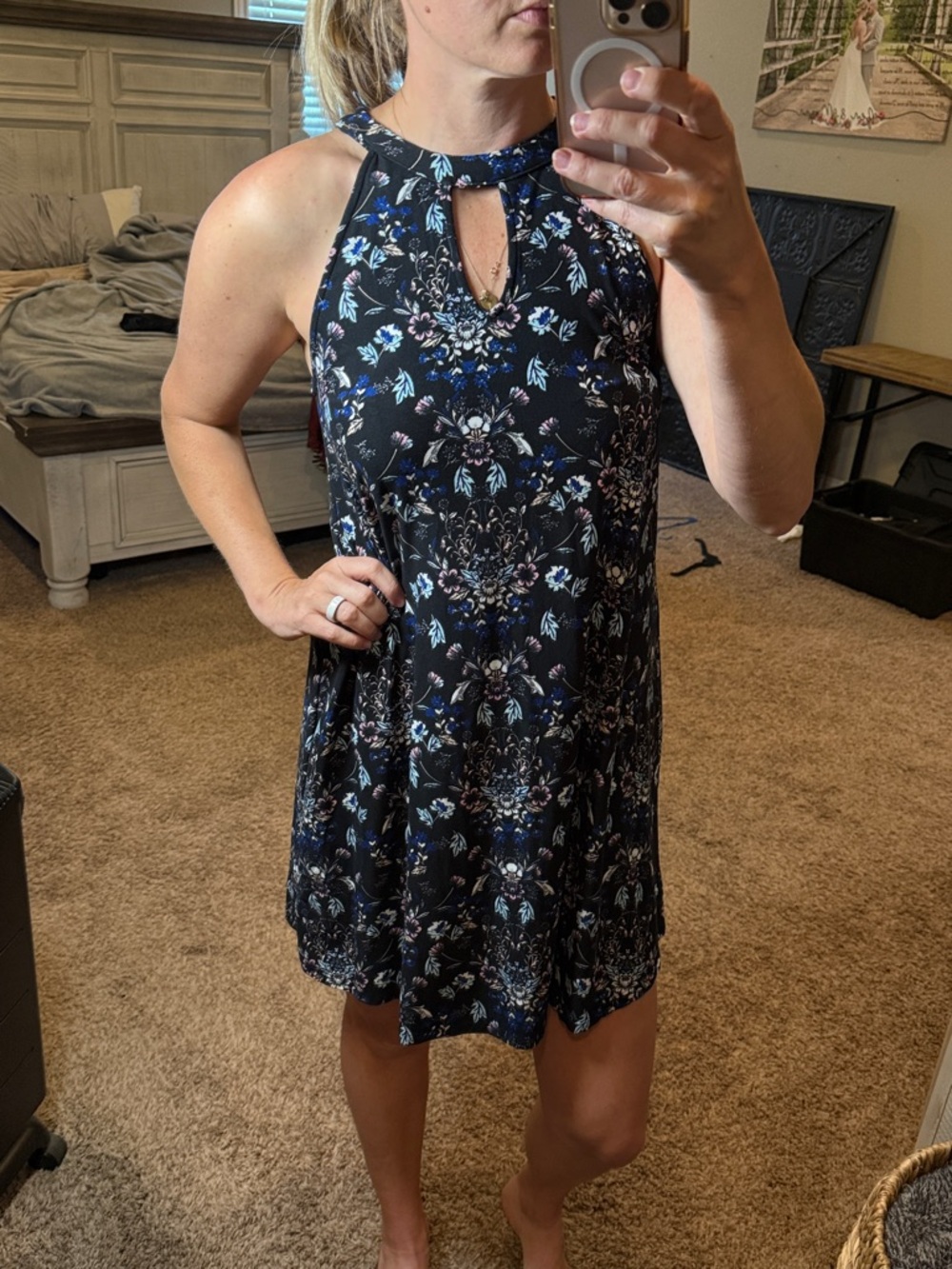 Pink Rose Black Floral Halter Keyhole Mini Dress with Blue Accents